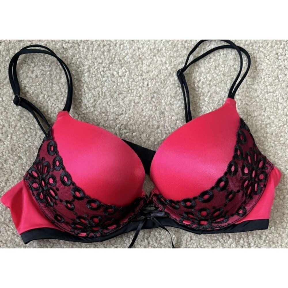 Victoria’s Secret Very Sexy Push Up 34B Hot Pink Black Trim Hearts On Bow